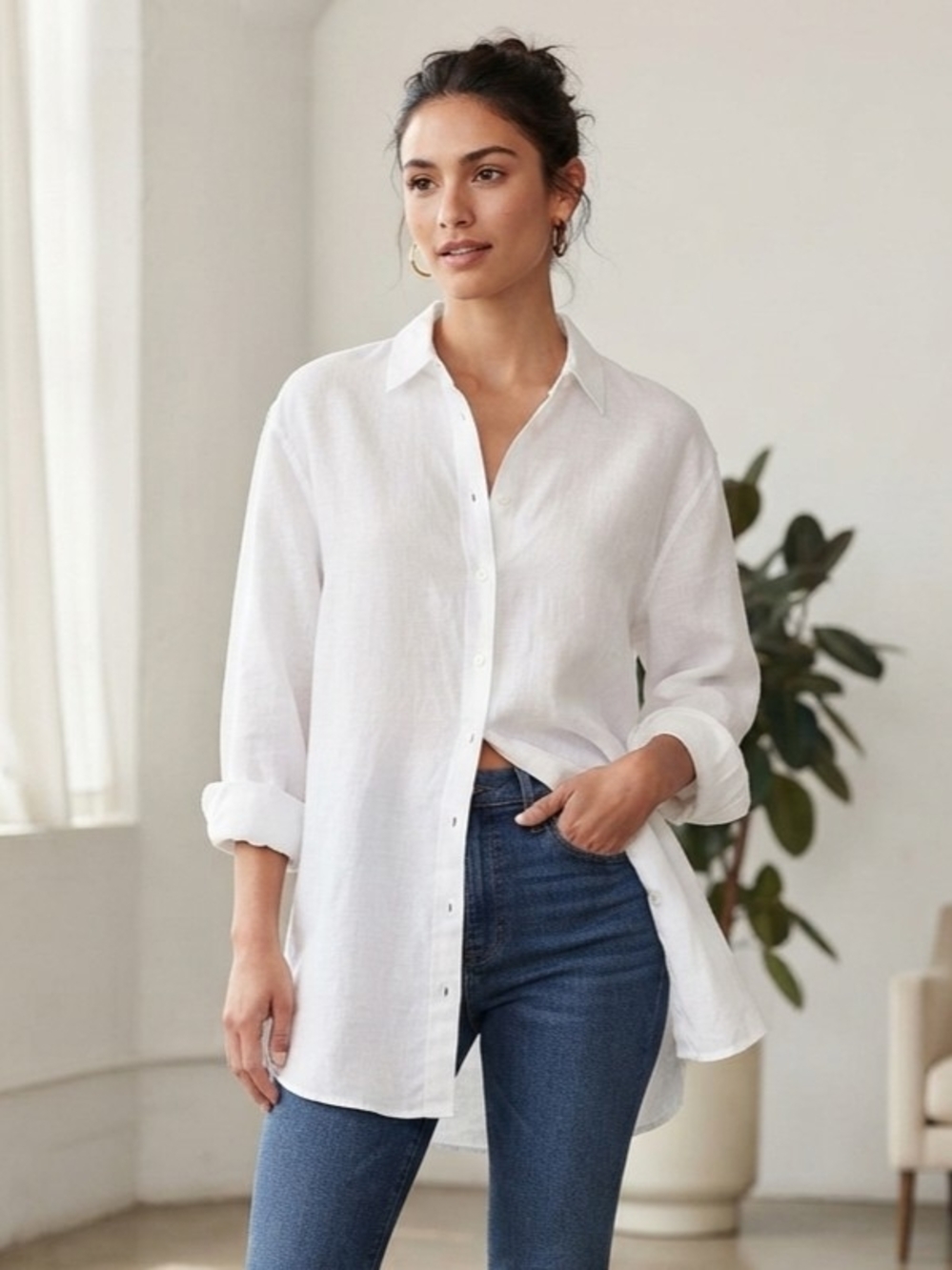 Everlane White Long-Sleeve Linen Button-Down Shirt Size Large